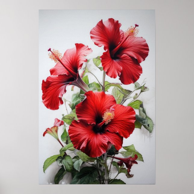 Red Hibiscus Flower Art Print Poster (Front)