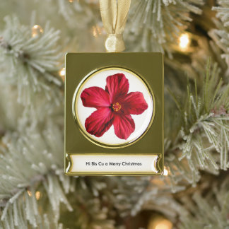 Red Hibiscus Flower Banner Gold Plated Ornament