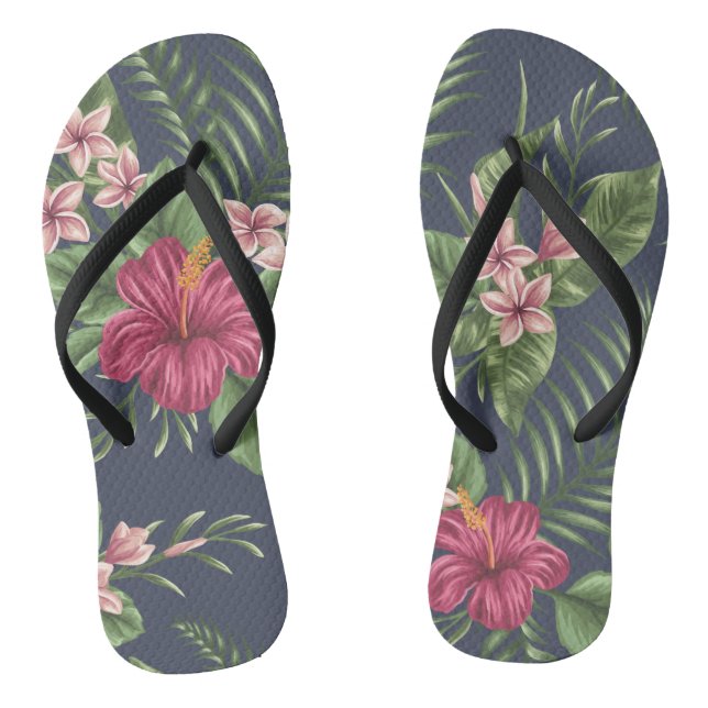 Red Hibiscus Flower Leaves Dark Background Flip F Jandals (Footbed)