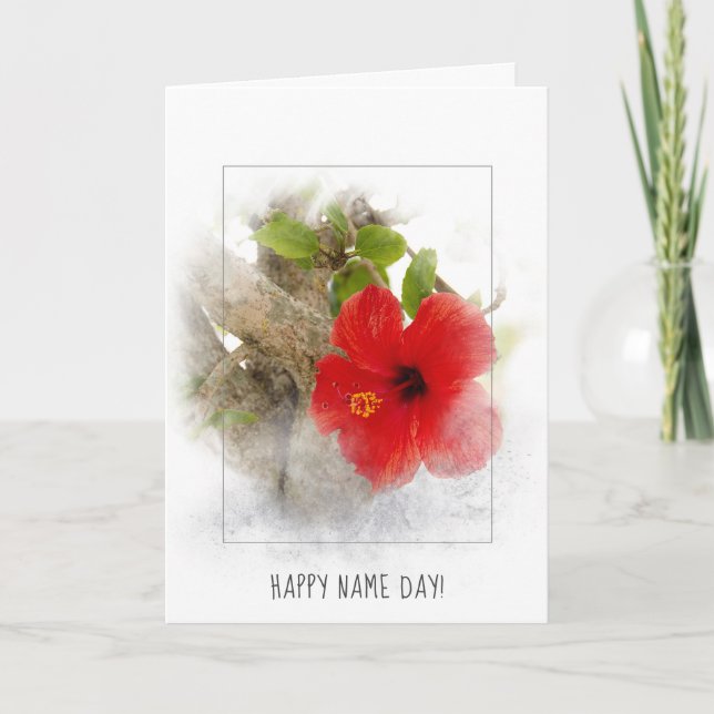 Red hibiscus flower Name Day Card (Front)