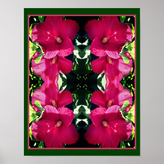 Red Hibiscus Flower Pair Close Up Mirror Abstract  Poster (Front)