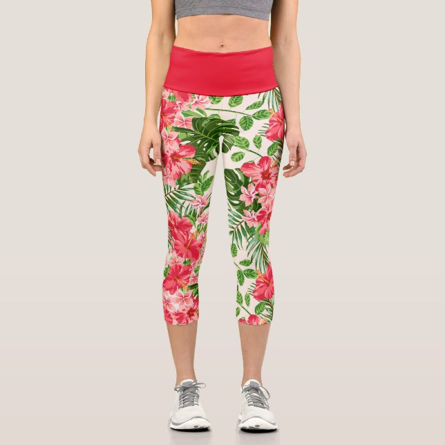 Red Hibiscus Flower Pattern High Waisted Capris (Front)