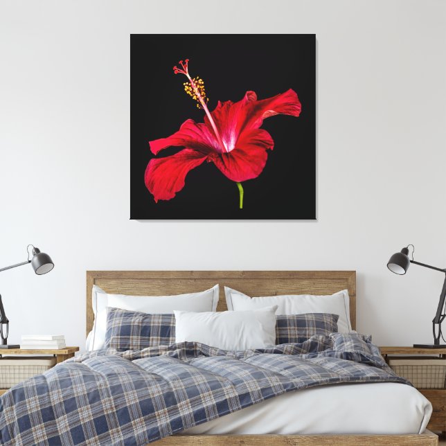 Red Hibiscus Flower Side View Canvas Print (Insitu(Bedroom))