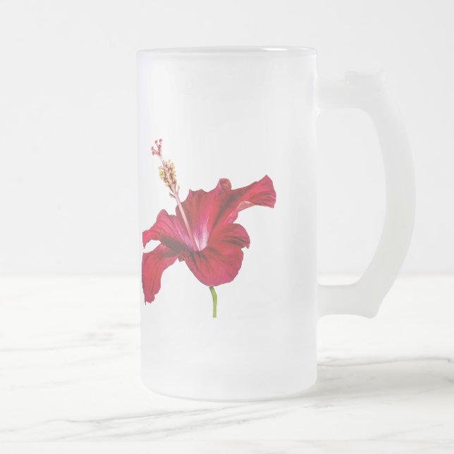 Red Hibiscus Flower Side View Frosted Glass Beer Mug (Right)