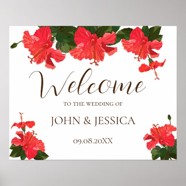 Red hibiscus flower wedding welcome sign poster (Front)