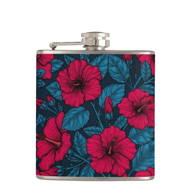 Red hibiscus flowers hip flask (Front)