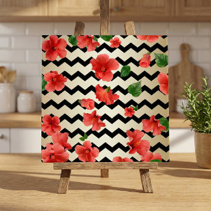 Red Hibiscus Flowers On Black And Beige Chevron Tile