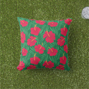 Red Hibiscus Flowers on Green Tropical Leaves Cushion