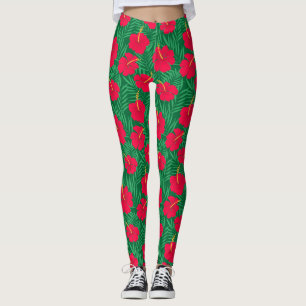 Red Hibiscus Flowers on Green Tropical Leaves Leggings