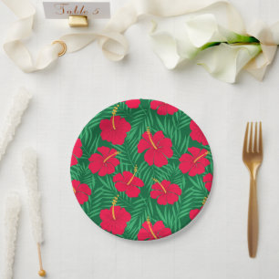 Red Hibiscus Flowers on Green Tropical Leaves Paper Plate