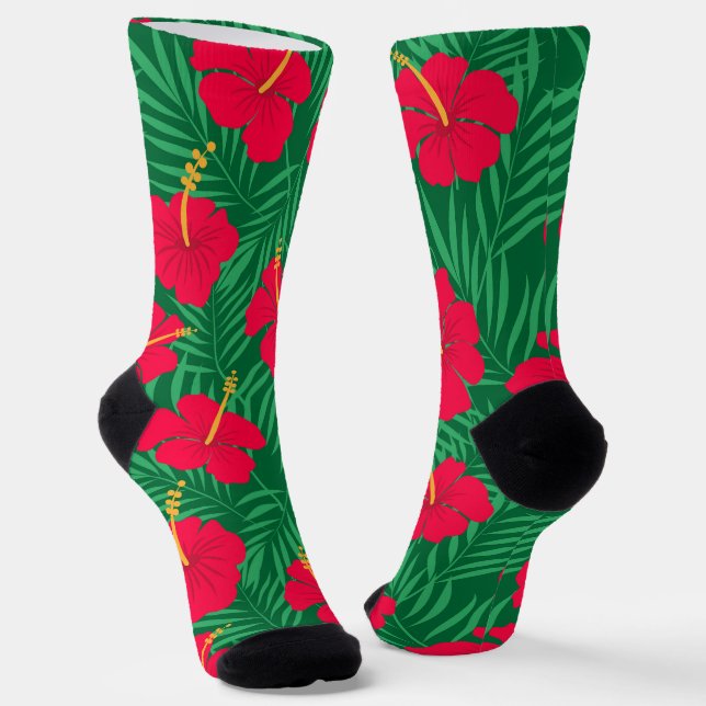 Red Hibiscus Flowers on Green Tropical Leaves  Socks (Angled)