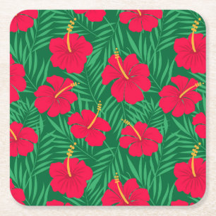 Red Hibiscus Flowers on Green Tropical Leaves Square Paper Coaster