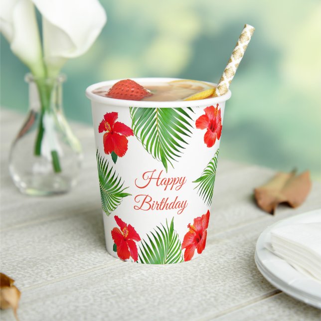 Red Hibiscus Flowers & Palm Leaves Birthday Party Paper Cups (Insitu)