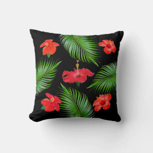 Red Hibiscus Flowers & Palm Leaves on Black Cushion