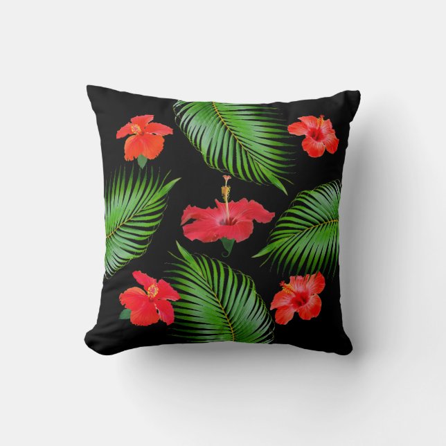 Red Hibiscus Flowers & Palm Leaves on Black Cushion (Front)