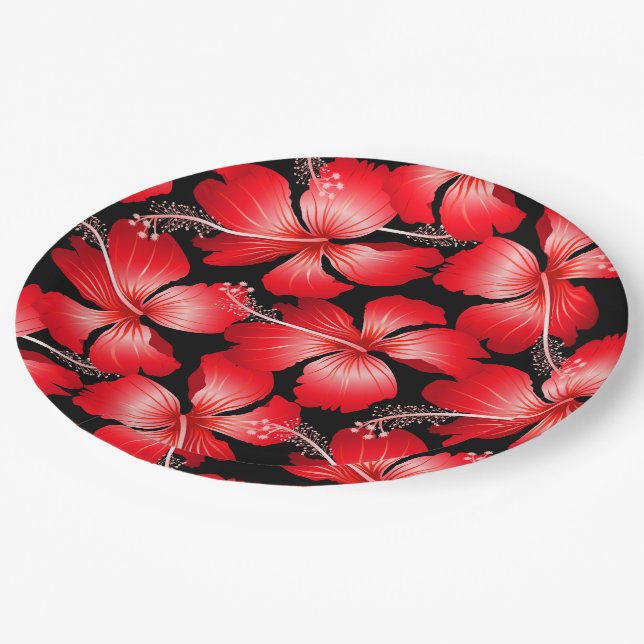 Red hibiscus flowers paper plate (Angled)