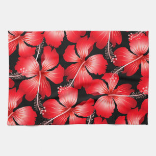 Red hibiscus flowers tea towel