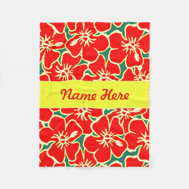 Red Hibiscus Flowers Tropical Hawaiian Decor Fleece Blanket (Front)