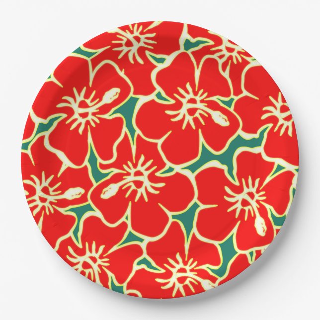 Red Hibiscus Flowers Tropical Hawaiian Luau Paper Plate (Front)