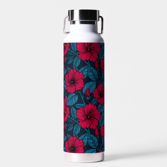 Red hibiscus flowers  water bottle (Front)