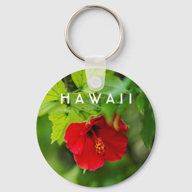 Red Hibiscus Hawaii Tropical Flower Key Ring (Front)