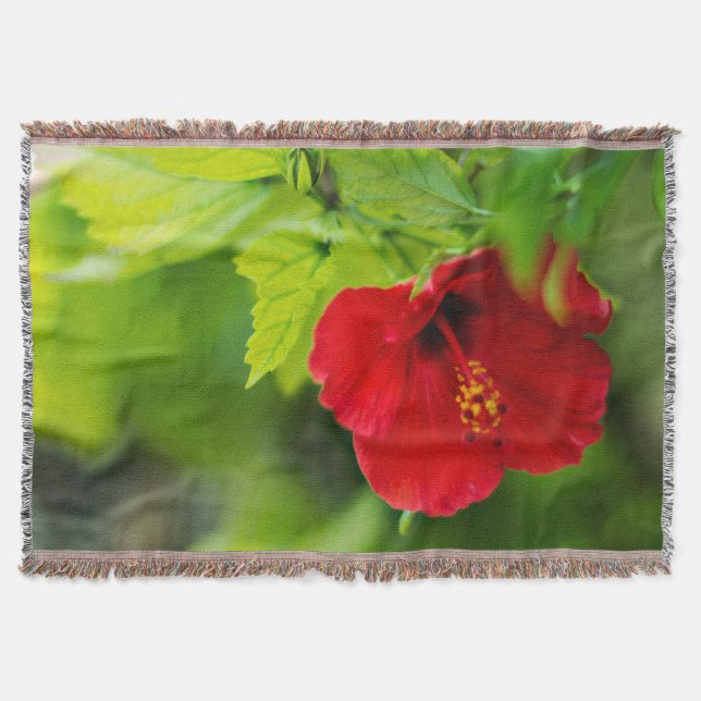 Red Hibiscus Hawaii Tropical Flower Throw Blanket (Front)