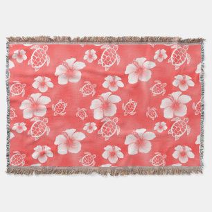 Red Hibiscus Honu Hawaiian Pattern Throw Blanket
