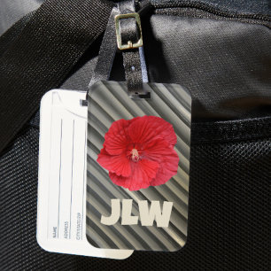 Red Hibiscus Modern  Bold Smokey Grey Stripes Luggage Tag