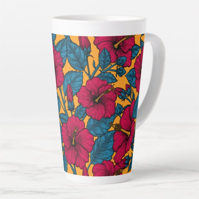 Red hibiscus on orange latte mug (Right Angle)