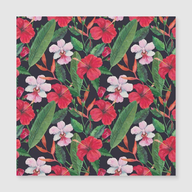 Red hibiscus, orchids, tropical watercolor. (Front)