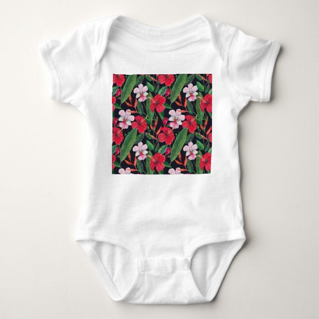 Red hibiscus, orchids, tropical watercolor. baby bodysuit (Front)