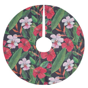 Red hibiscus, orchids, tropical watercolor. brushed polyester tree skirt