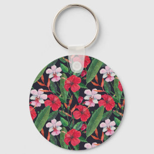 Red hibiscus, orchids, tropical watercolor. key ring