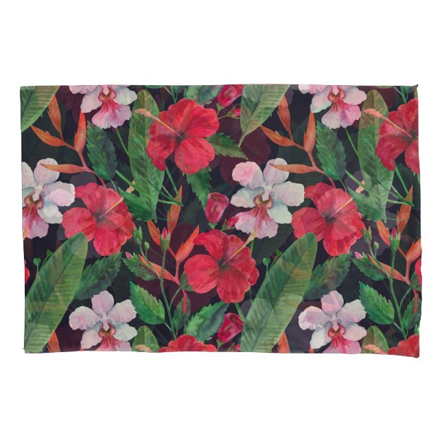 Red hibiscus, orchids, tropical watercolor. pillowcase (Front)