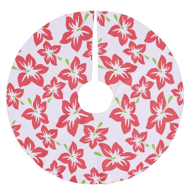 Red Hibiscus, Red Flowers, Pattern Of Flowers Brushed Polyester Tree Skirt (Front)
