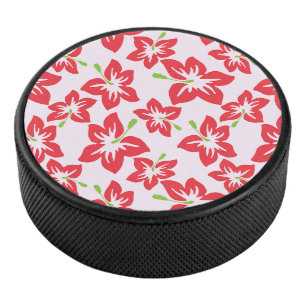 Red Hibiscus, Red Flowers, Pattern Of Flowers Hockey Puck