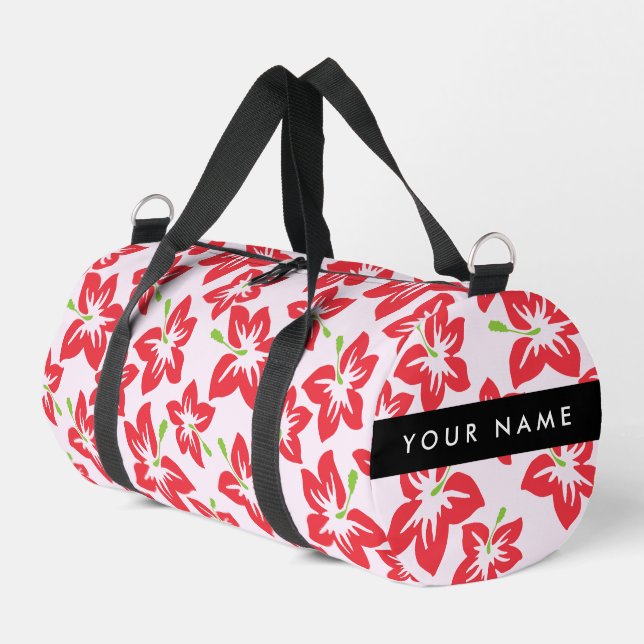 Red Hibiscus, Red Flowers, Your Name Duffle Bag (Left Corner)