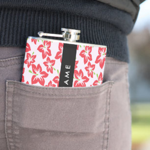 Red Hibiscus, Red Flowers, Your Name Hip Flask