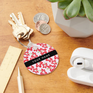 Red Hibiscus, Red Flowers, Your Name Key Ring