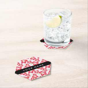 Red Hibiscus, Red Flowers, Your Name Paper Coaster