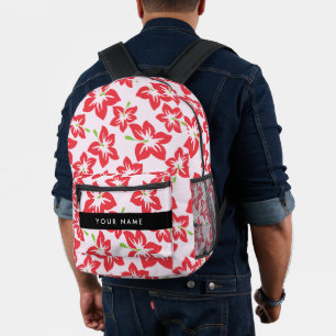 Red Hibiscus, Red Flowers, Your Name Printed Backpack