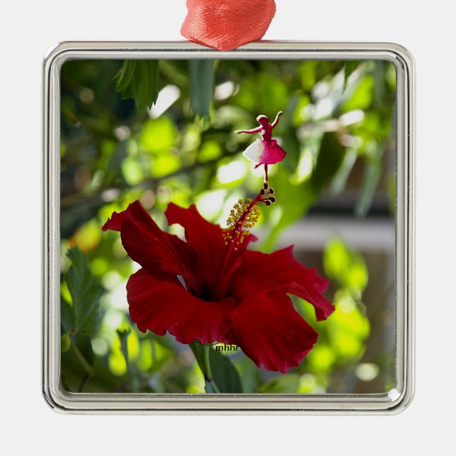 Red Hibiscus Shadow Fairy Metal Ornament (Front)