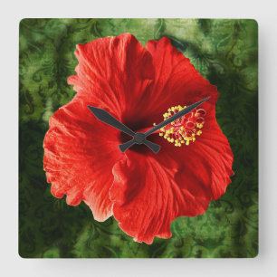 Red Hibiscus Square Wall Clock