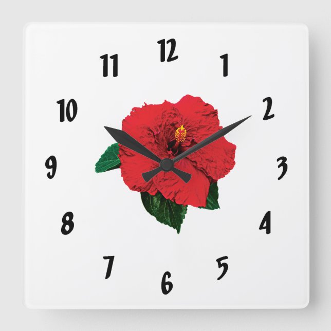 Red Hibiscus Square Wall Clock (Front)