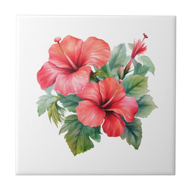 Red Hibiscus Tropical Floral Kitchen Bathroom  Tile (Front)