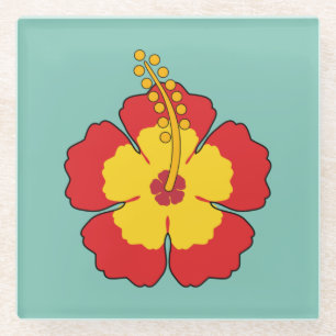 Red Hibiscus Tropical Flower Glass Coaster