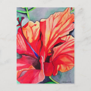 Red Hibiscus tropical flower watercolor art Postcard