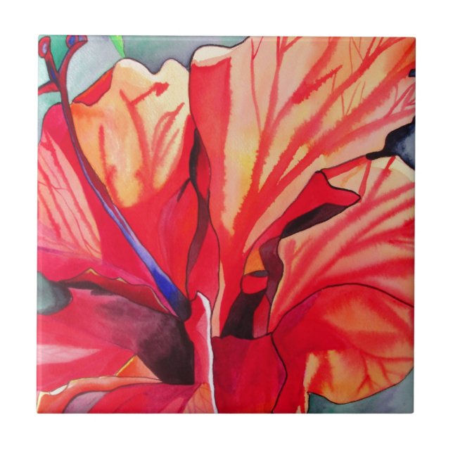 Red Hibiscus tropical flower watercolor art Tile (Front)