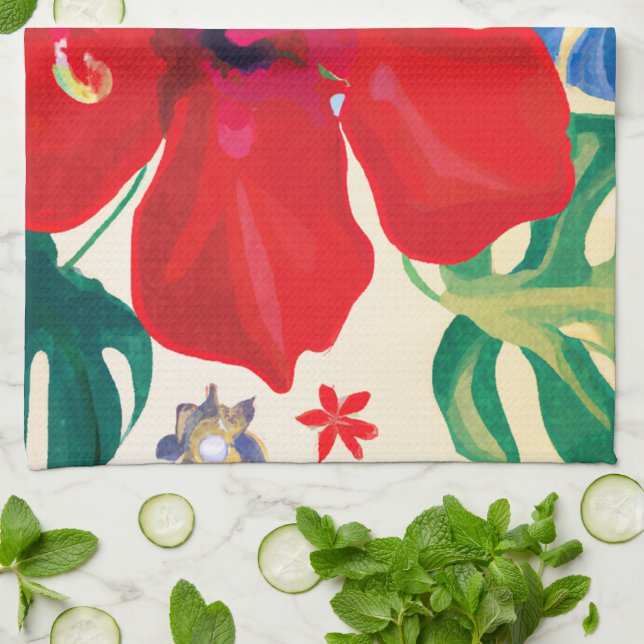 red hibiscus Tropical kitchen decor towel (Folded)