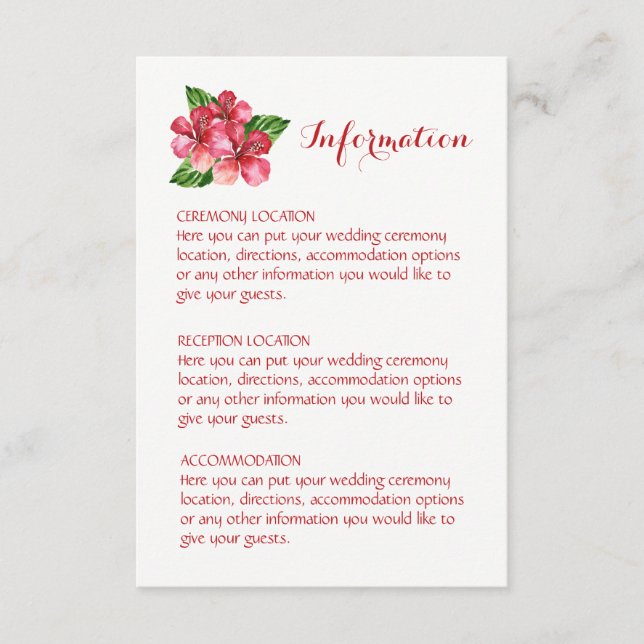 Red Hibiscus Tropical Wedding Information Cards (Front)